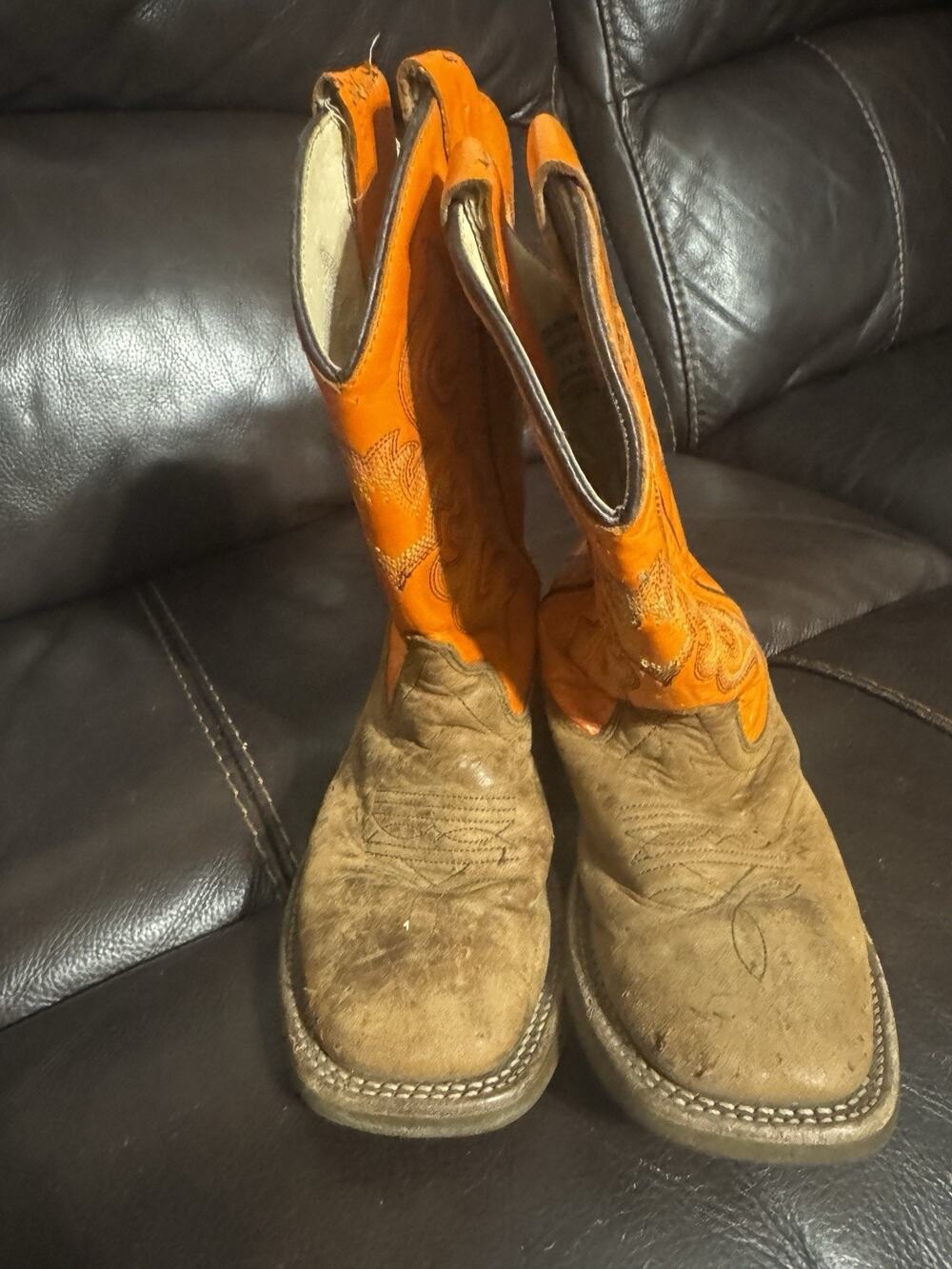 Old West Youth Size 11.5 D Cowboy Boots Unisex Brown Orange Square Toe Read
